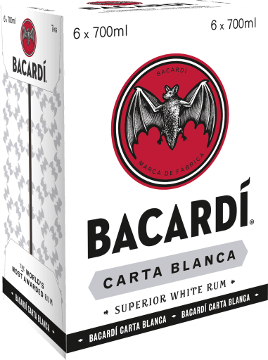 Foto Bacardi Carta Blanca Weisser Rum Karton 6 x 0,7 l Glas