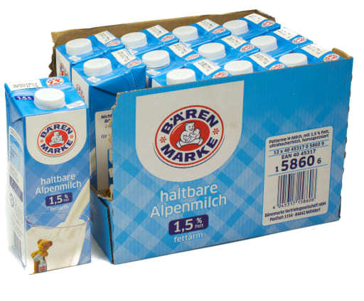 Foto Bärenmarke Haltbare Alpenmilch 1,5% Fett Karton 12 x 1 l Tetra-Pack