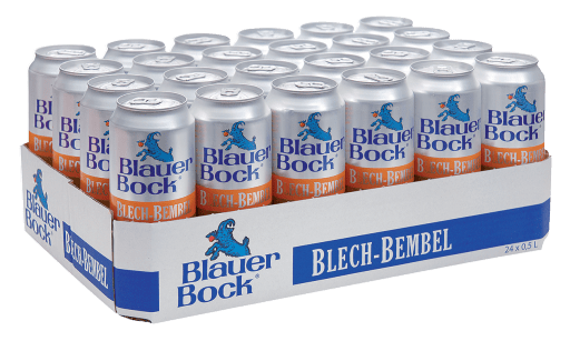 Foto Blauer Bock Süss Blech-Bembel Karton 24 x 0,5 l Dose Einweg