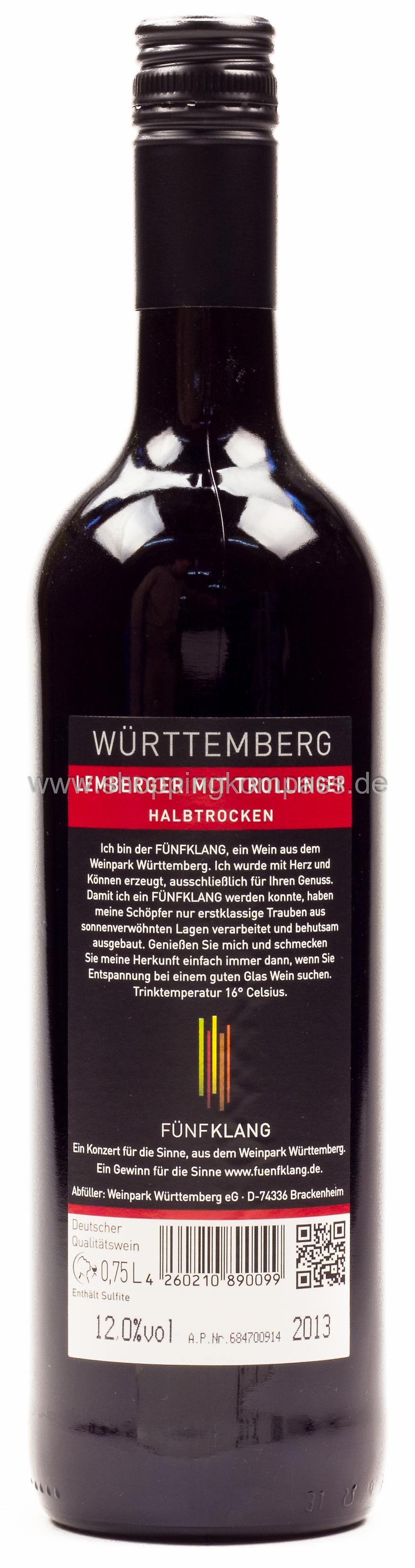 Fünfklang Lemberger mit Trollinger Rotwein halbtrocken 0,75 l