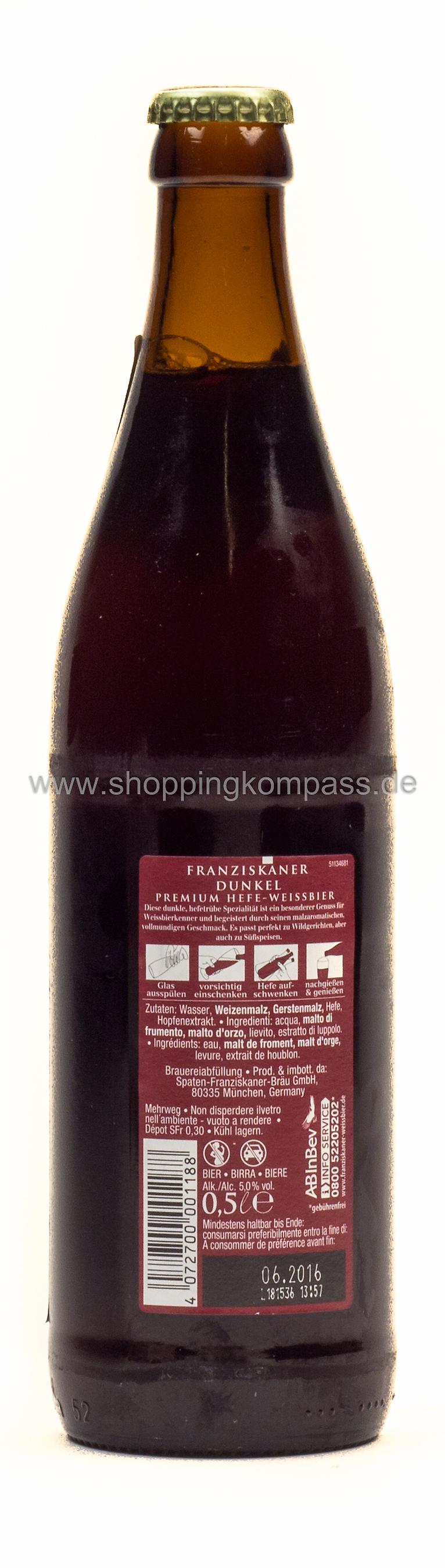 Franziskaner Weissbier Hefeweizen Dunkel Kasten 20 x 0,5 l Glas Mehrweg